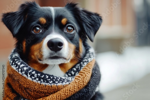 Rottweiler in a cozy scarf sitting against a neutral background
