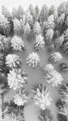 Snow-covered landscape features bare trees arranged in a symmetrical pattern ...