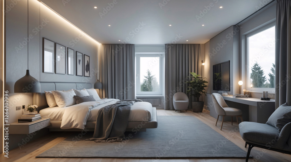 Fototapeta premium Stylish Scandinavian bedroom design with neutral furniture mirror large bed lamp and a peaceful view of nature outside the window Modern Interior Design Inspiration
