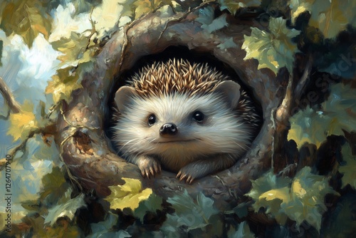 Hedgehog peeks out from a nest surrounded by autumn leaves in a serene forest...