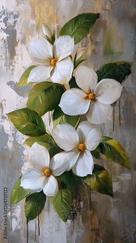 White magnolia flowers in bloom with green leaves on a soft background