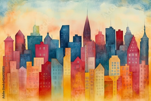 Colorful city skyline at dusk with vibrant hues and abstract designs