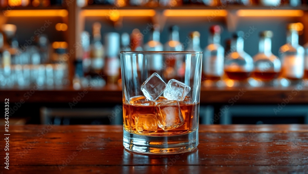 Elegant whiskey glass with ice in cozy bar Elegant whiskey glass with ice in cozy bar