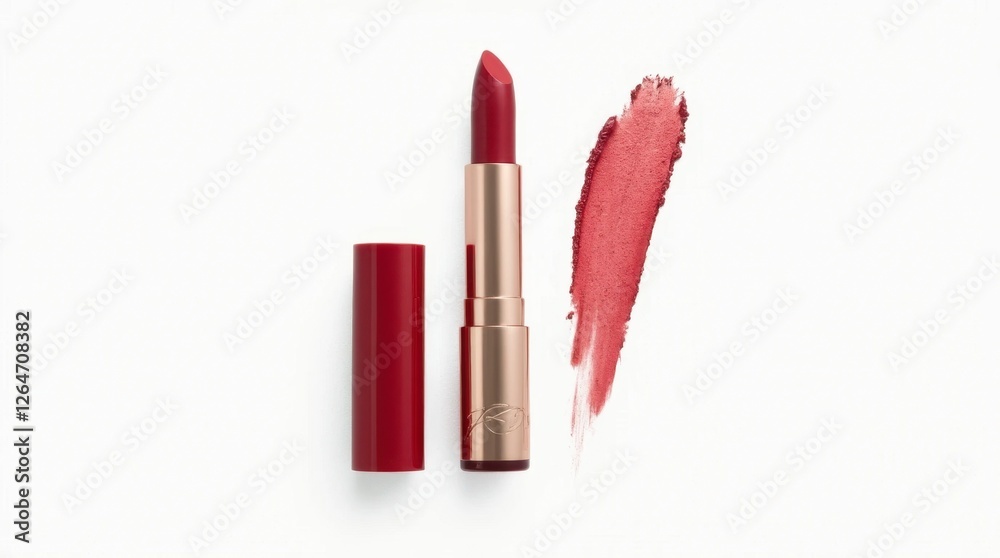 Obraz premium Red Lipstick with Cap Removed on White Background