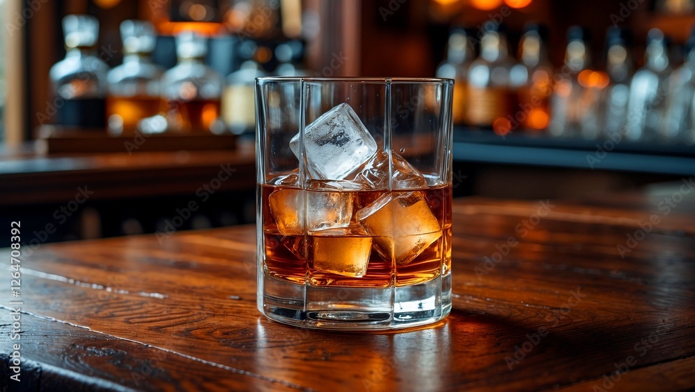 Elegant whiskey glass with ice in cozy bar Elegant whiskey glass with ice in cozy bar