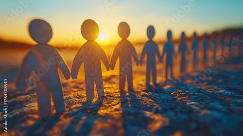 This image depicts cut-out figures holding hands against a stunning sunset, symbolizing unity, diversity, and connection among people in a warm and inviting atmosphere.