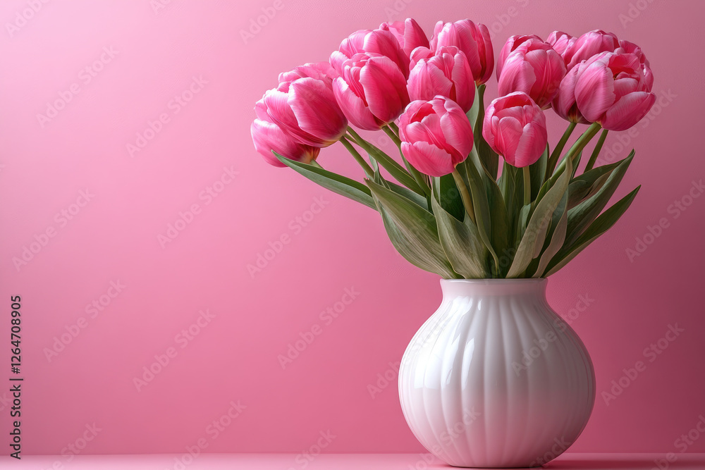 Side view of a vase with pink tulips placed against a monochromatic pink wall, creating a clean and modern aesthetic.Festive banner for birthday, Mother's day, Women's day, March 8,Easter, anniversary Side view of a vase with pink tulips placed against a monochromatic pink wall, creating a clean and modern aesthetic.Festive banner for birthday, Mother's day, Women's day, March 8,Easter, anniversary