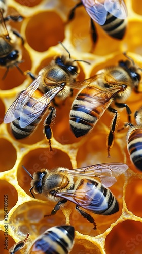 Bees gathering nectar and creating honey in a beehive during a sunny afternoo...