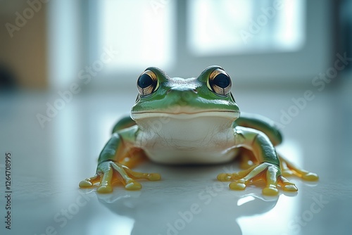 Close view of a green frog resting on a smooth surface indoors under soft nat...