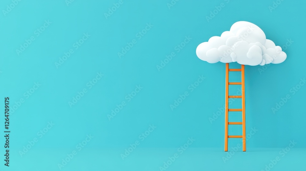 Orange Ladder Against Bright Blue Background with White Cloud Orange Ladder Against Bright Blue Background with White Cloud