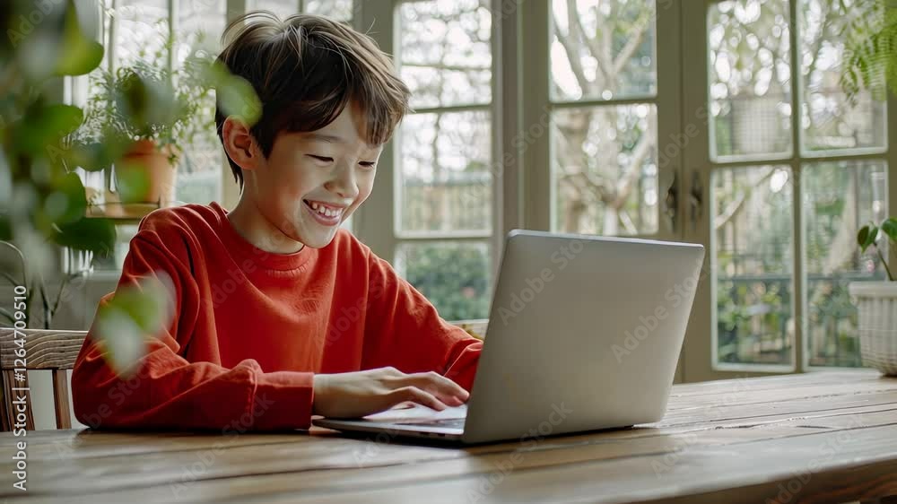 Joyful young boy engaged in online learning with a laptop at home, bright natural lighting, casual environment, focus on technology and education Joyful young boy engaged in online learning with a laptop at home, bright natural lighting, casual environment, focus on technology and education
