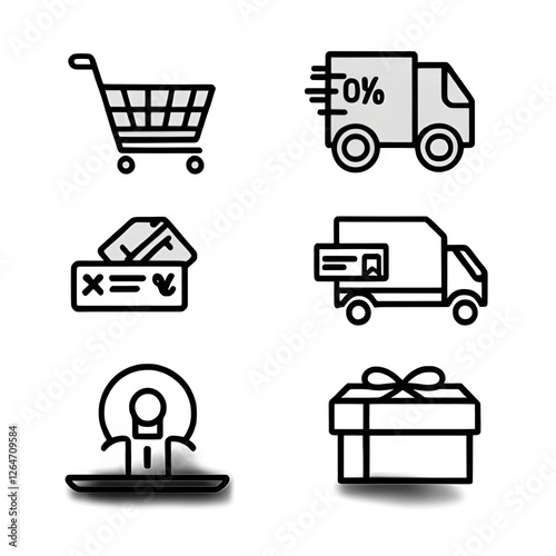 E-commerce and Shopping Icons – Cart, Discount Tag, Delivery, Payment – Flat & Line Art –  Transparent Background


