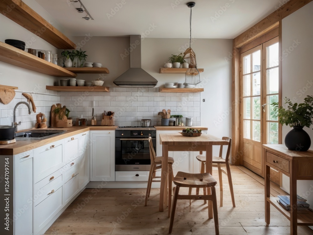 Fototapeta premium Bright and airy kitchen with wooden accents and natural light