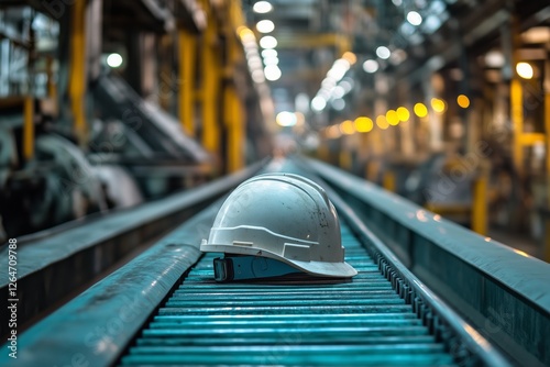Hard hat resting on conveyor belt in an industrial facility during evening