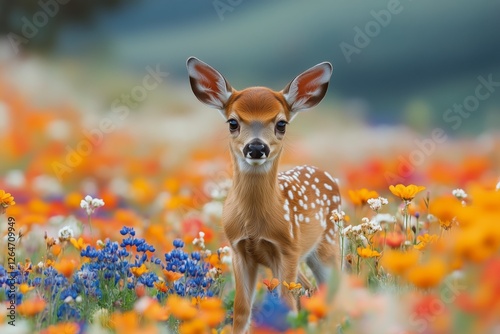 Young deer standing among vibrant orange and white wildflowers in a sunny meadow