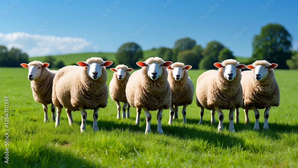 Fluffy sheep grazing in a lush green field Fluffy sheep grazing in a lush green field