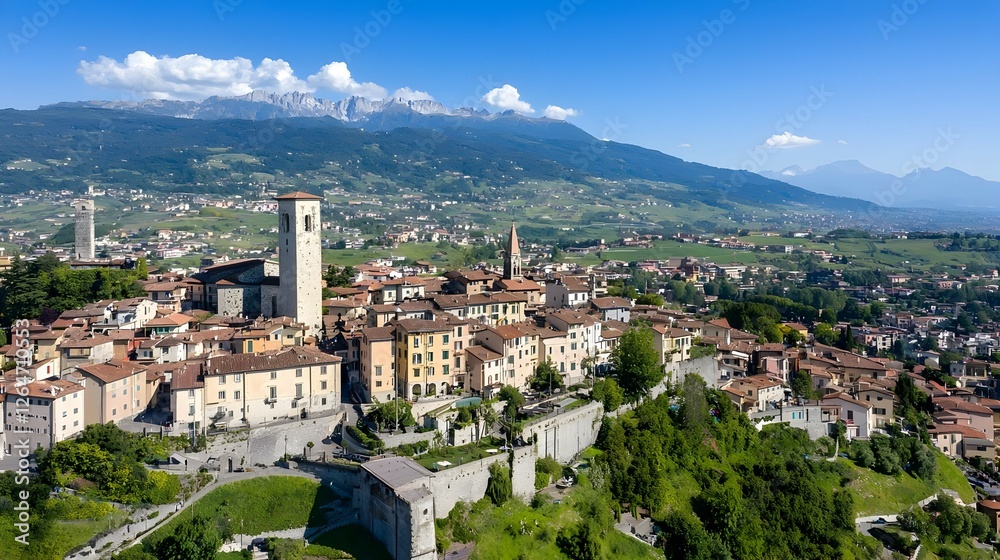 Aerial View of a Hilltop Town Nestled Among Lush Green Hills and Mountains Aerial View of a Hilltop Town Nestled Among Lush Green Hills and Mountains