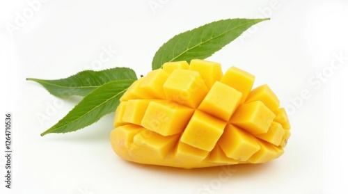 Ripe Mango with Green Leaves Isolated on White Background