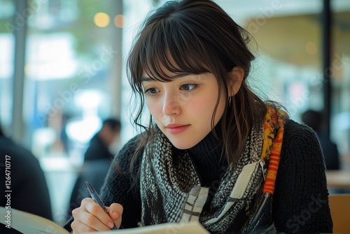 Young woman studying in a cafe during afternoon hours with a focused expression