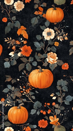 Autumn floral pattern featuring pumpkins and leaves in rich orange tones on a...