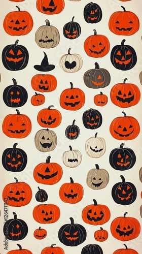 Halloween decorations featuring carved pumpkins and bats on a white backgroun...