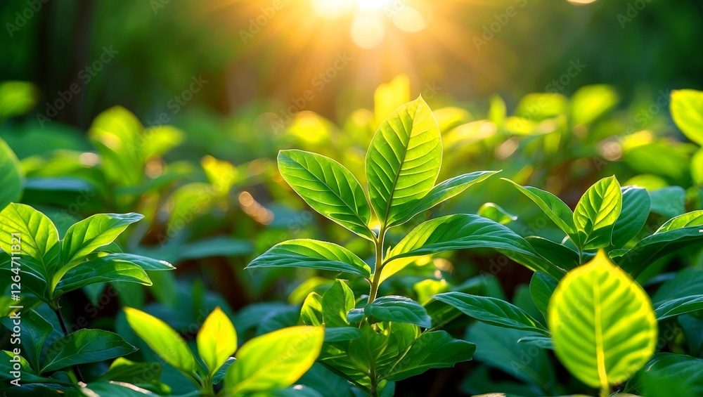 Obraz premium Fresh green leaves bathed in warm sunlight