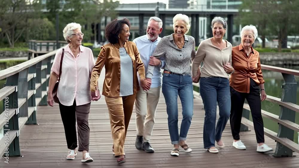 Group of seniors enjoying retirement with an outdoor walk. Retired friends walking together on a bridge in an urban setting, enjoying an active lifestyle and companionship. Group of seniors enjoying retirement with an outdoor walk. Retired friends walking together on a bridge in an urban setting, enjoying an active lifestyle and companionship.