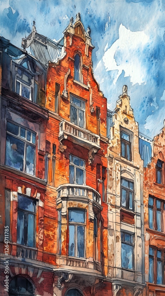 Obraz premium Colorful urban buildings with fire escapes in a lively street setting