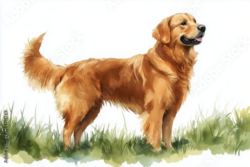 Golden retriever standing on green grass with a happy expression and a waggin...