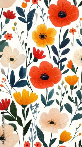 Colorful floral pattern featuring various flowers and leaves on a light backg...