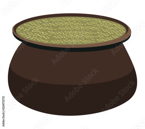Brown clay pot with grain texture on top, traditional earthenware cooking vessel design illustration