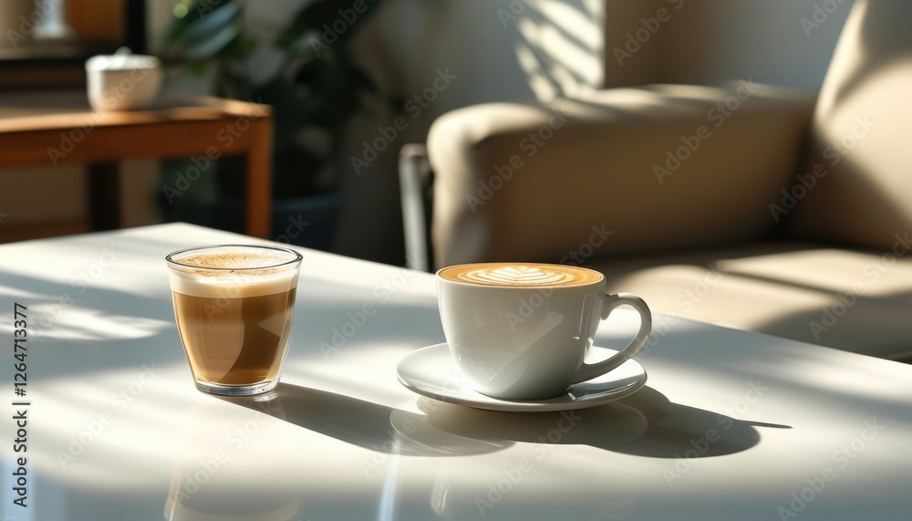 Cappuccino cup and latte glass with artistic foam on white table with copy space for beverage design Cappuccino cup and latte glass with artistic foam on white table with copy space for beverage design