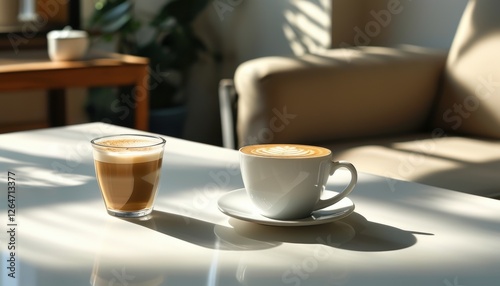 Wallpaper Mural Cappuccino cup and latte glass with artistic foam on white table with copy space for beverage design Torontodigital.ca