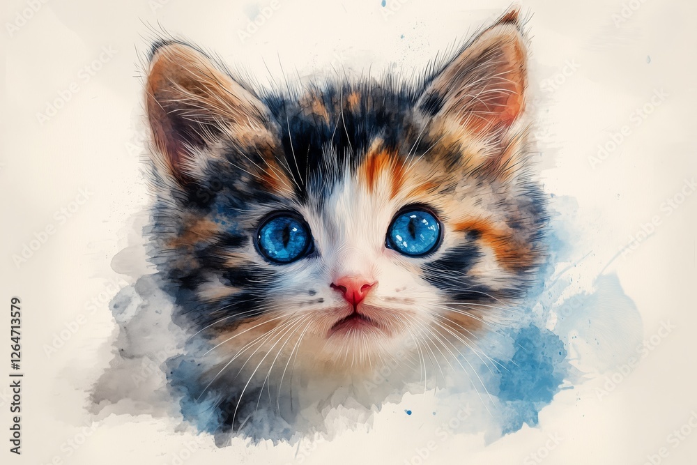 Fototapeta premium Adorable fluffy kitten with striking blue eyes lounging on a soft surface