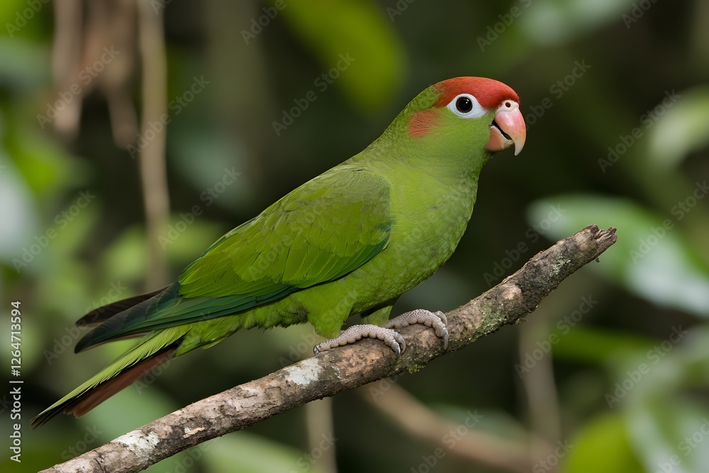 Red-headed Parrot perching rainforest branch, vibrant foliage background, wildlife photography Red-headed Parrot perching rainforest branch, vibrant foliage background, wildlife photography