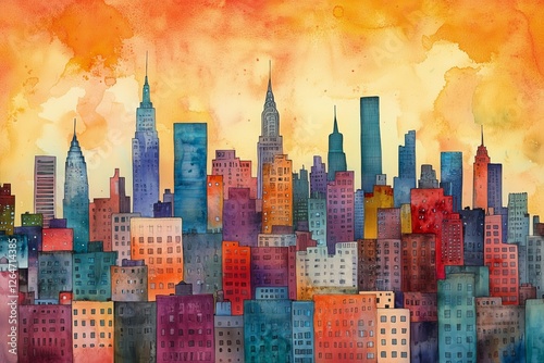 Colorful sunset over New York City skyline with iconic buildings and vibrant ...