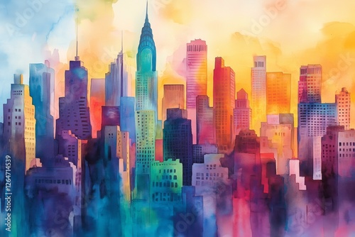 Colorful city skyline at dusk with vibrant hues and abstract designs