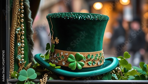 Elegant green top hat with clover decorations displayed in boutique window for st. patrick's day with copy space photo