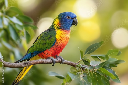 Colorful parrot perched on a tree branch in a tropical forest habitat
