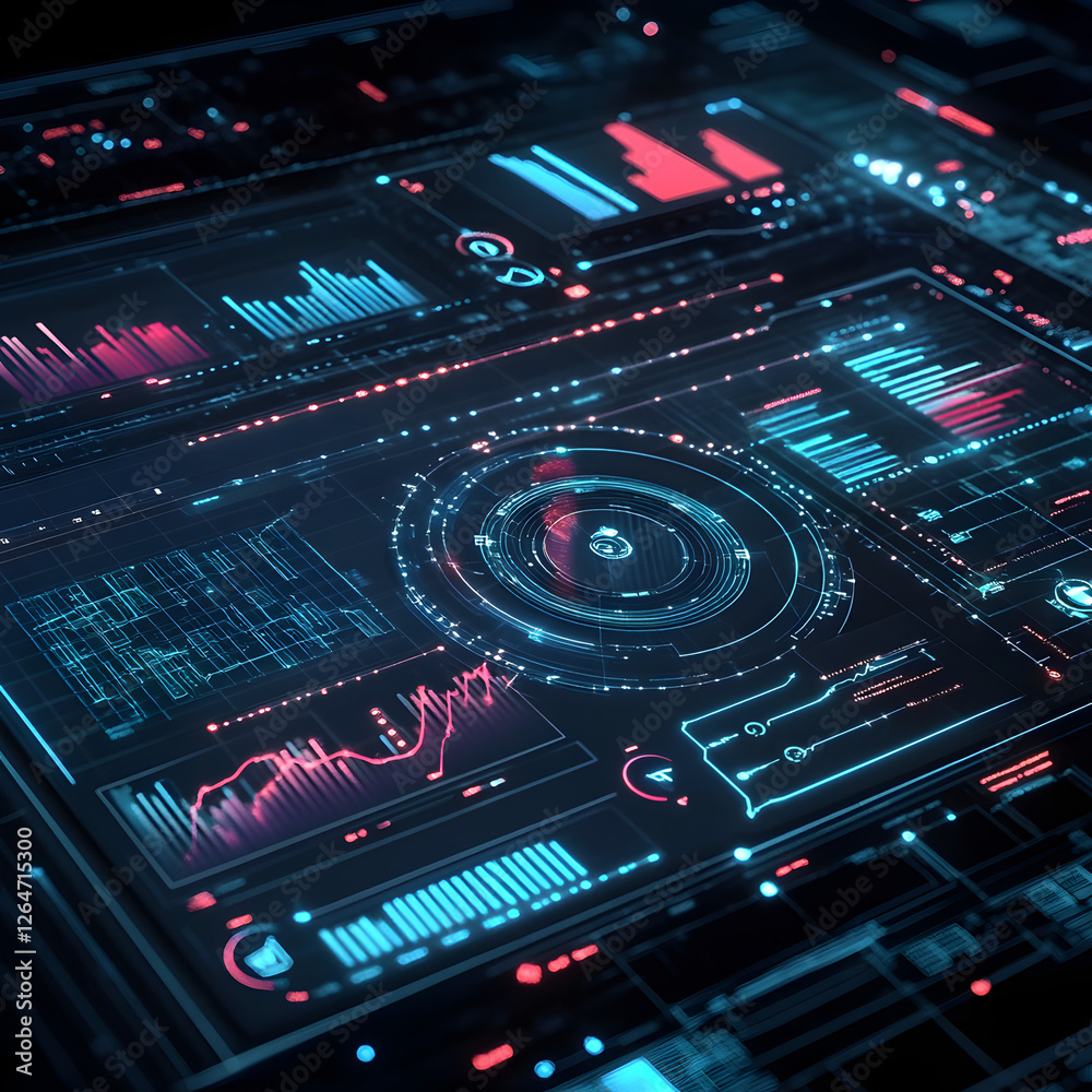 Fototapeta premium Cybernetic Interface: Digital display showcasing complex data visualizations with vibrant red and blue neon light, representing a modern interface.