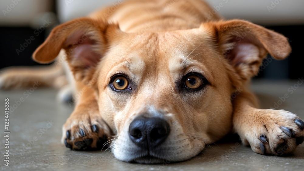 Gentle dog relaxing with expressive eyes looking up