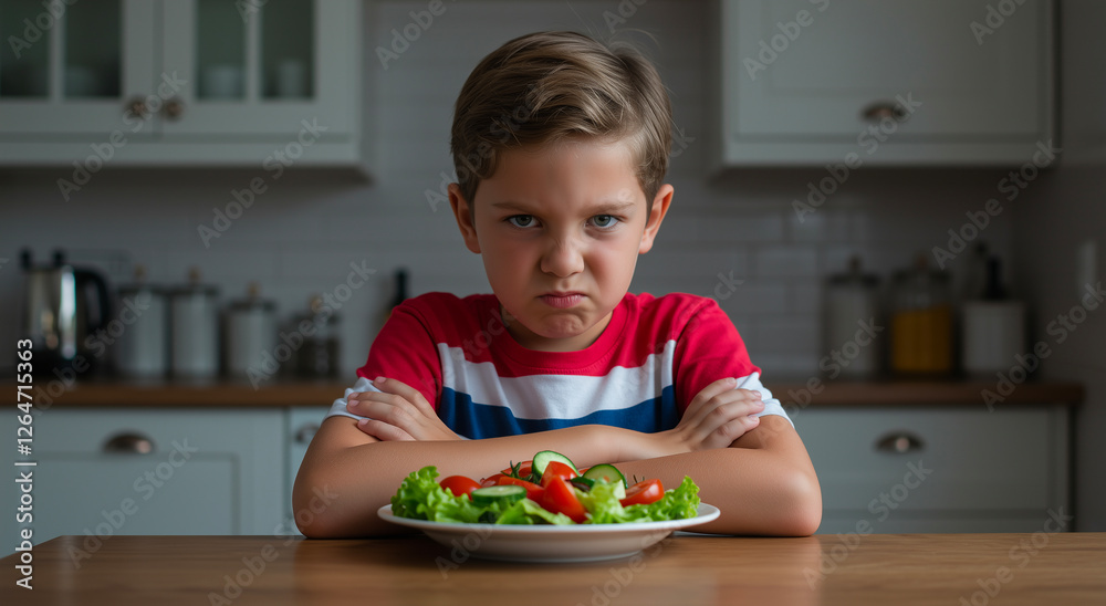 Child, unhappy and picky eater with vegetable plate in kitchen, food refusal and nutrition problem. Kid, dinner time and healthy eating challenge at home Child, unhappy and picky eater with vegetable plate in kitchen, food refusal and nutrition problem. Kid, dinner time and healthy eating challenge at home