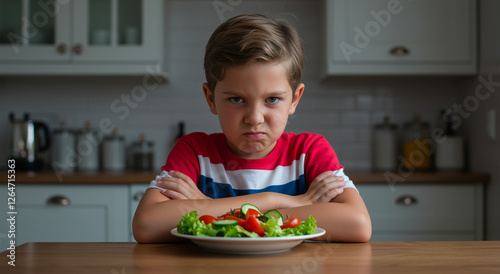 Child, unhappy and picky eater with vegetable plate in kitchen, food refusal and nutrition problem. Kid, dinner time and healthy eating challenge at home photo