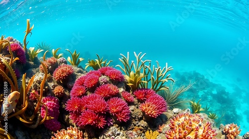 tropical coral reef under the blue water background 