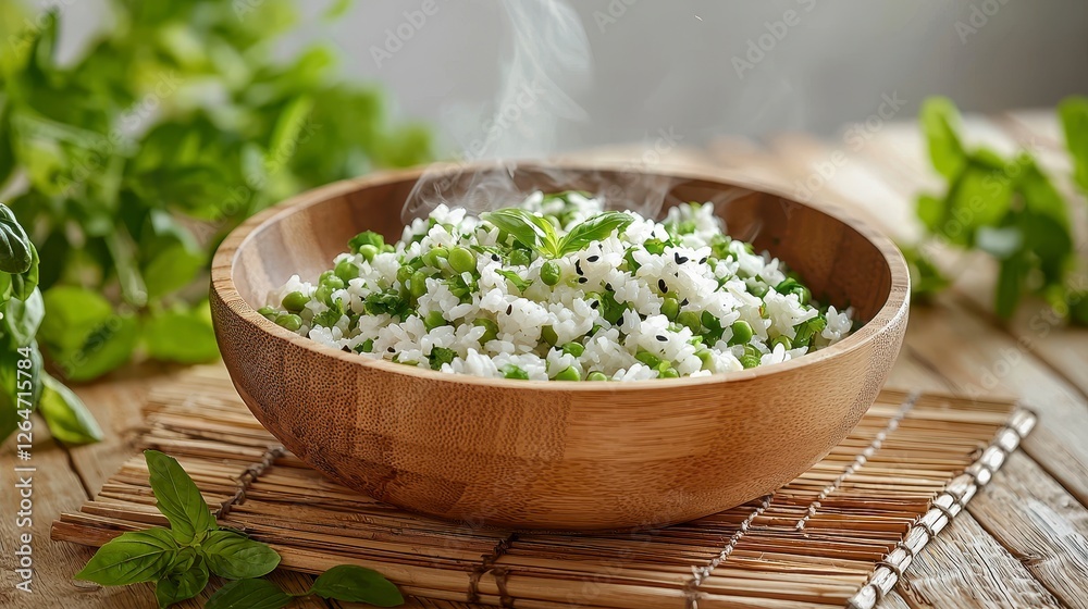 Japanese rice Steaming bowl of rice with herbs Japanese rice Steaming bowl of rice with herbs