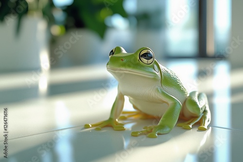 Close view of a green frog resting on a smooth surface indoors under soft nat...