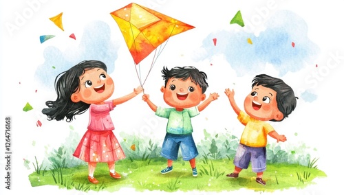 Happy Children Flying a Kite in a Watercolor Style