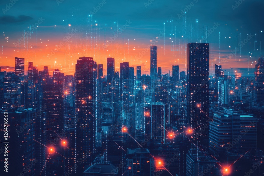 Fototapeta premium Futuristic Cityscape at Dusk with Data Streams and Neon Lights Capturing Urban Technology