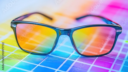 A pair of color correction glasses lying next to a test chart for color blindness.