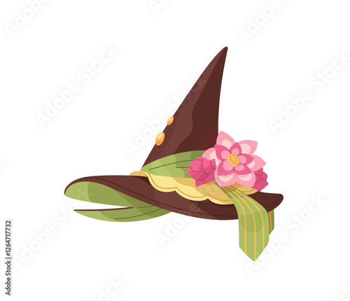Wizard pointed hat with bloom flower. Cute decorated magic headdress, mage cap, pointy witch head accessory. Fairy, sorceress Halloween party costume. Flat isolated vector illustration on white
